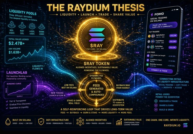 The image is an infographic titled "THE RAYDIUM THESIS" showcasing the Raydium ($RAY) crypto platform with key stats including $2.47B+ total value locked, $1.63B+ 24-hour volume, and features like liquidity pools, LaunchLab, and the FOMO social trading app on Solana.

This ties to the post as it visually represents Raydium's ecosystem and value proposition, making it a fitting promotional graphic to share when entering one of their giveaway contests.