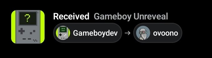A notification graphic stating 'Received Gameboy Unreal' showing a transfer from user 'Gameboydev' to user 'ovoono'.