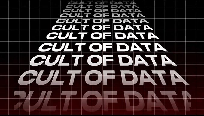A dark, repeating typographic design featuring the phrase 'CULT OF DATA' stacked in white capital letters with a glitchy, retro-aesthetic grid background.