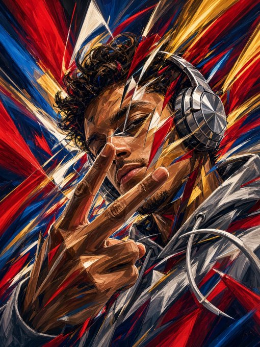 A vibrant, stylized digital painting of a young man wearing headphones, holding up a peace sign against a backdrop of explosive red, blue, and gold colors.