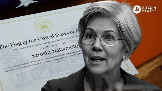 Senator Elizabeth Warren is pictured alongside a U.S. flag certificate honoring "Satoshi Nakamoto" in recognition of Bitcoin's "fairly inclusive financial system," connecting her push for Trump's crypto disclosure with Bitcoin's foundational ethos. The Bitcoin News branding and the "IN HONOR OF Satoshi Nakamoto" text overlay reinforce the cryptocurrency theme central to her demand.