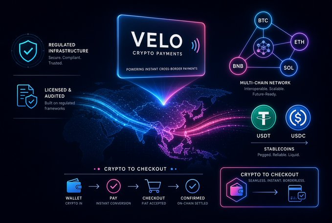 A promotional graphic for Velo Crypto Payments showcases its key value propositions—regulated infrastructure, licensed and audited frameworks, a multi-chain network supporting BTC, ETH, BNB, SOL, USDT, and USDC, and a crypto-to-checkout flow from wallet to on-chain settlement—visually reinforcing the post's emphasis on Velo's licensed, multi-jurisdictional compliance and hybrid architecture for near-instant cross-border payments.