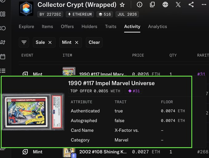 A screenshot of an OpenSea-style NFT marketplace showing 'Collector Crypt (Wrapped)' with an active '1990 #117 Impel Marvel Universe' listing featuring an 'X-Factor vs.' trading card with a top offer of 0.0035 WETH.