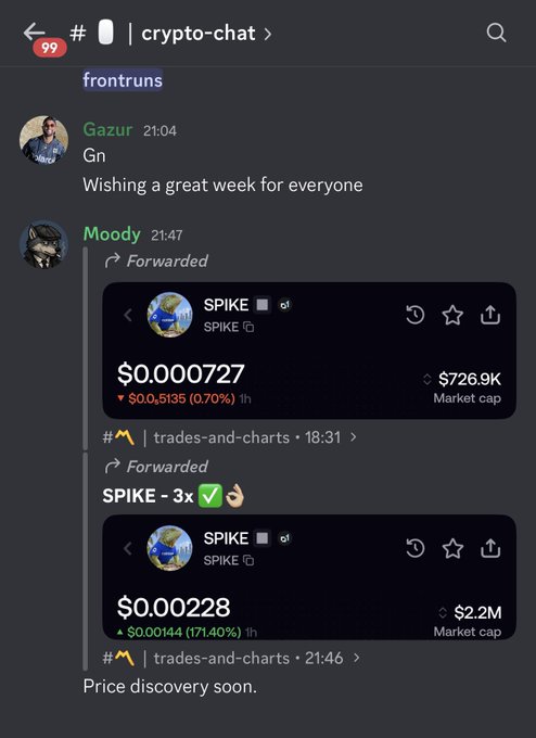 A Telegram chat screenshot from #crypto-chat showing messages from Gazur and Moody with forwarded posts about the $SPIKE token displaying price information ($0.000727 with $726.9K market cap and $0.000228 with $2.2M market cap).