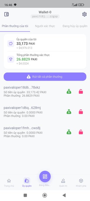 A Vietnamese cryptocurrency wallet app screenshot titled 'Wallet-0' showing 'Phần thưởng của tôi' (My Rewards) of 33,173 PAXI valued at approximately $4,976, with a list of validator stakes below.
