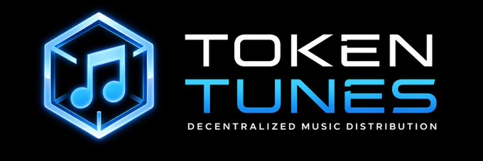 A logo for 'TOKEN TUNES' described as 'DECENTRALIZED MUSIC DISTRIBUTION' featuring a blue music note inside a hexagon.