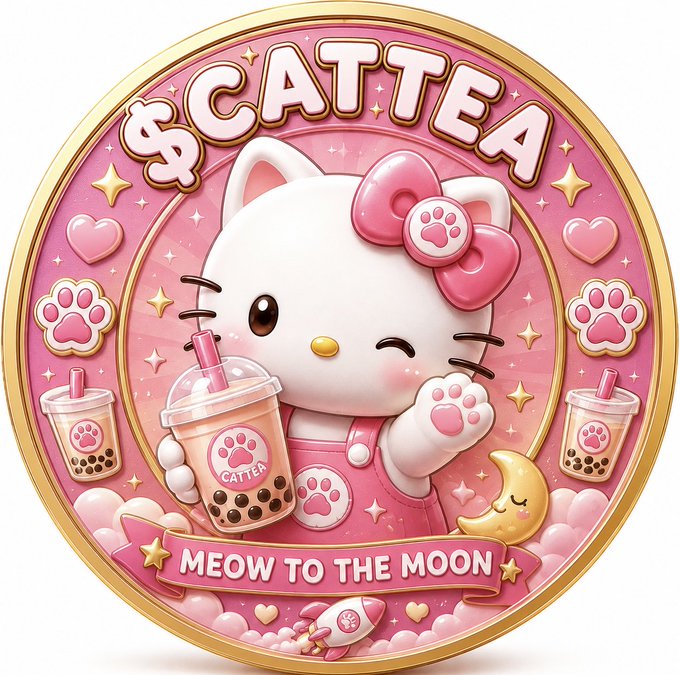 A circular, kawaii-style logo for "$CATTEA" featuring Hello Kitty holding a boba tea, with the slogan "MEOW TO THE MOON".