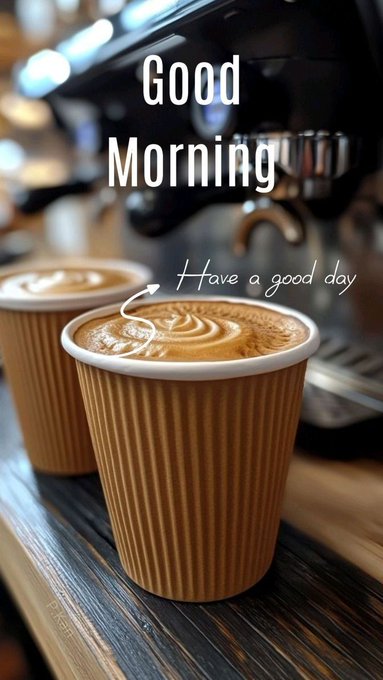 A vertical image displays two ribbed paper coffee cups sitting on a wooden counter in front of an espresso machine, overlaid with the text 'Good Morning' and 'Have a good day'.