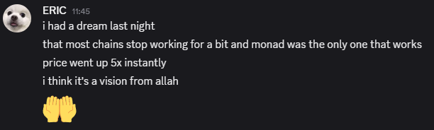 A Discord message from user 'ERIC' reading: 'i had a dream last night that most chains stop working for a bit and monad was the only one that works. price went up 5x instantly. i think it's a vision from allah', followed by a clapping emoji.