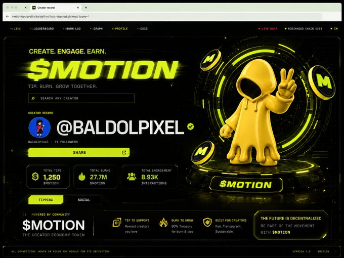 A webpage for the $MOTION creator economy token shows the @BALDOLPIXEL creator record with 1,250 $MOTION in tips and 27.7M SHOTON burned.