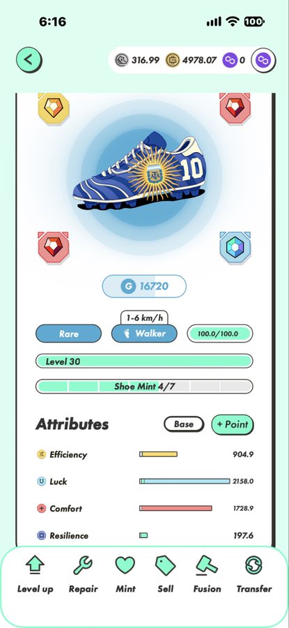 A mobile game interface showing a Level 30 'Walker' blue sneaker NFT with attributes including Efficiency (904.9), Luck (2158.0), Comfort (1728.9), and Resilience (197.6).