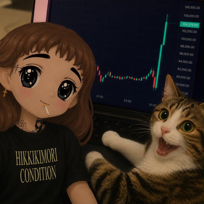 An anime-style illustration of a girl with a cigarette in her mouth wearing a 'HIKKIKIMORI CONDITION' shirt, next to a surprised tabby cat, with a cryptocurrency chart showing an upward price movement to 104,279.50 in the background.