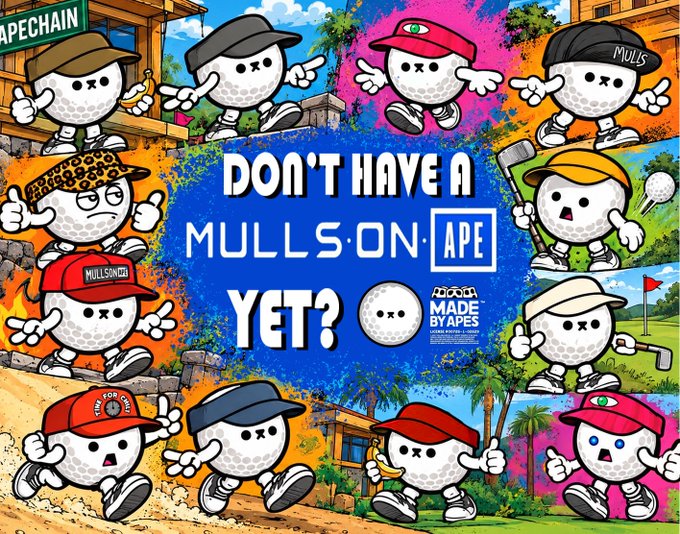 A vibrant promotional collage featuring cartoon golf ball characters wearing various hats, with text reading "DON'T HAVE A MULLS ON APE YET?" and "MADE BY APES," advertising a NFT golf brand.