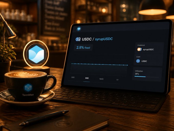 A dimly lit scene showing a laptop displaying USDC / syrupUSDC cryptocurrency information with '2.5% fixed' rate, alongside a TermMax branded coffee cup and a neon logo light.