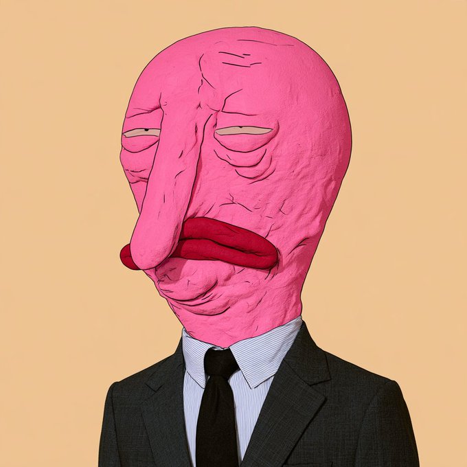 A surreal digital illustration of a figure with an oversized, wrinkled pink face featuring drooping features and large red lips, dressed in a formal black pinstripe suit and tie against a tan background.