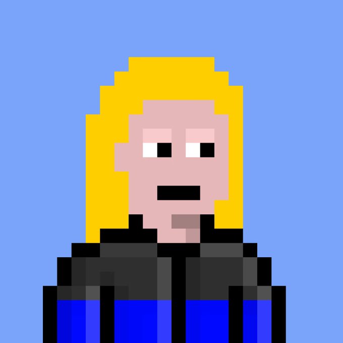 A simple pixel art portrait of a blonde-haired character on a light blue background.