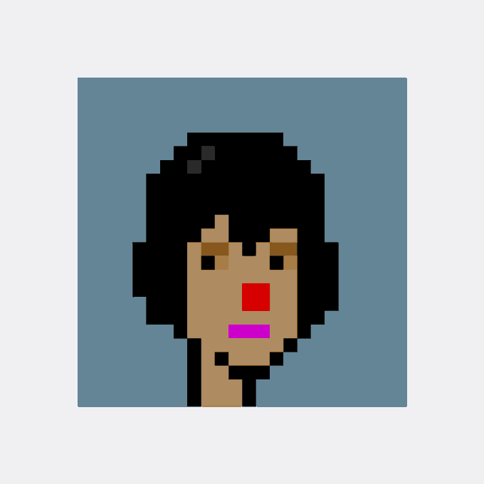 A simple pixel art portrait of a person with dark hair, brown skin, red nose, and pink lips set against a solid gray-blue background.