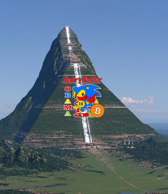 A towering mountain with a glowing vertical structure down its center has a Sonic the Hedgehog character overlay holding a Bitcoin coin, with the text 'Harry Potter' and 'OBAMA' arranged around it.