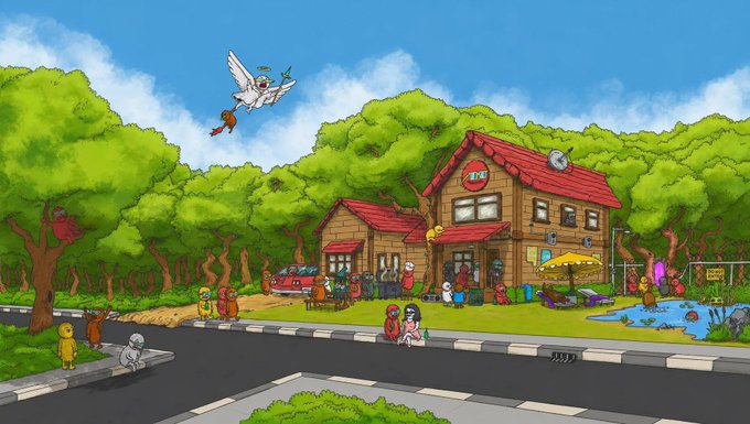 A whimsical cartoon scene depicts a bustling community hub with a red-roofed building labeled "ZINC," surrounded by diverse characters—including a stork delivering a package, a figure on a moped, and people relaxing by a colorful pond—set against lush green trees under a blue sky. The vibrant, inclusive gathering visually represents the announcement of collaboration with AvaxTeam1, AvalancheFDN, and AvaLabs to support community relations on Avalanche's C-Chain.