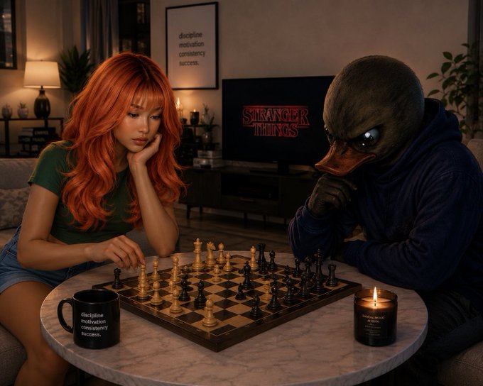 A 3D-rendered scene shows a red-haired woman playing chess against a duck-headed figure in a hoodie, with a "Stranger Things" logo displayed on the TV behind them.