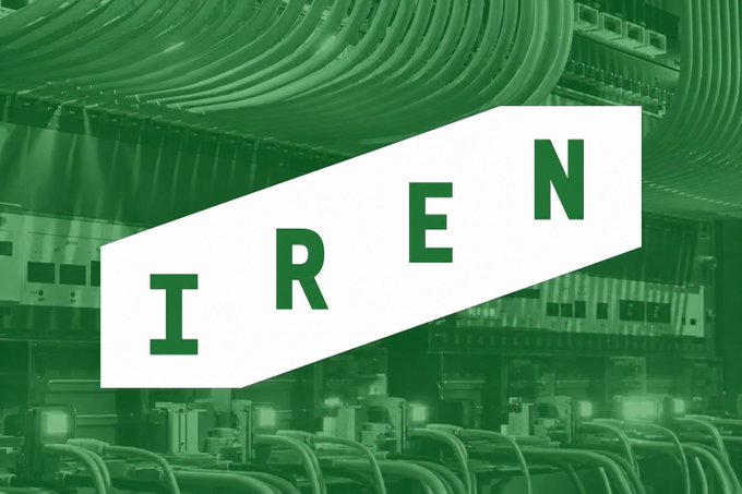 The IREN logo is displayed prominently in green and white, overlaid on an image of data center networking cables and server equipment, visually reinforcing the company's role in AI infrastructure. The image ties to the post discussing the company's potential massive spending plans and its growing cloud revenue contracts.
