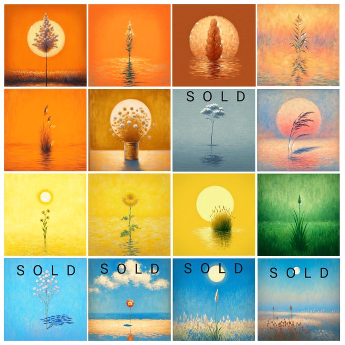 A 4x4 grid of sixteen small square paintings featuring plants and trees against sunsets or moons in warm orange, yellow, green, and blue color palettes, with some marked 'SOLD'.