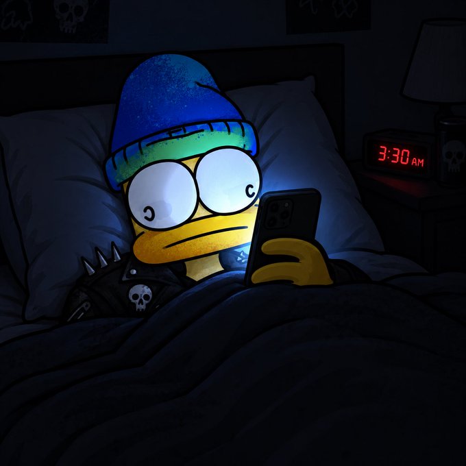 A cartoon-style illustration of a yellow character wearing a blue beanie, using a smartphone in bed, while a digital clock on the nightstand shows 3:30 AM.