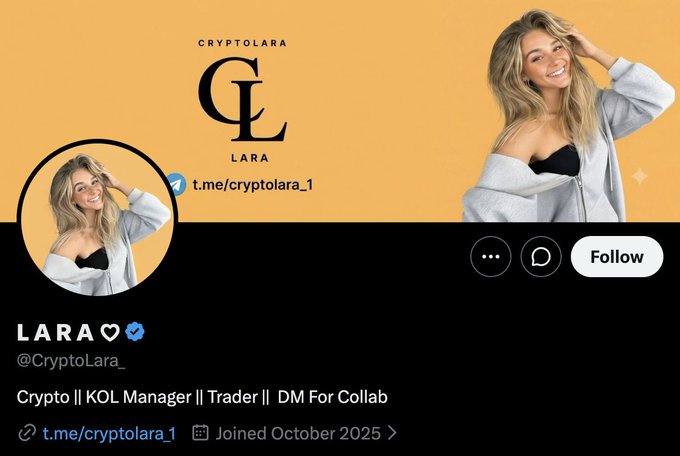 A Twitter/X profile page for "LARA♡ (@CryptoLara_)" shows a young blonde woman in a gray hoodie alongside "CL CRYPTOLARA" branding, with bio text "Crypto || KOL Manager || Trader || DM For Collab" and a Telegram link t.me/cryptolara_1. The post's note to "verify" appears to caution viewers to confirm the identity and legitimacy of this crypto influencer account, as such profiles are frequently impersonated by scammers in the crypto space.