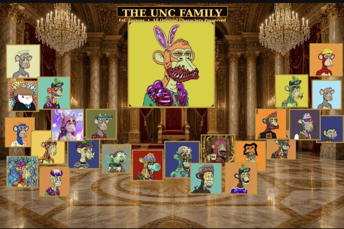 A collage titled 'THE UNC FAMILY' displays multiple NFT-style portraits of cartoonish characters with exaggerated features, arranged around a grand, chandelier-lit hall interior.