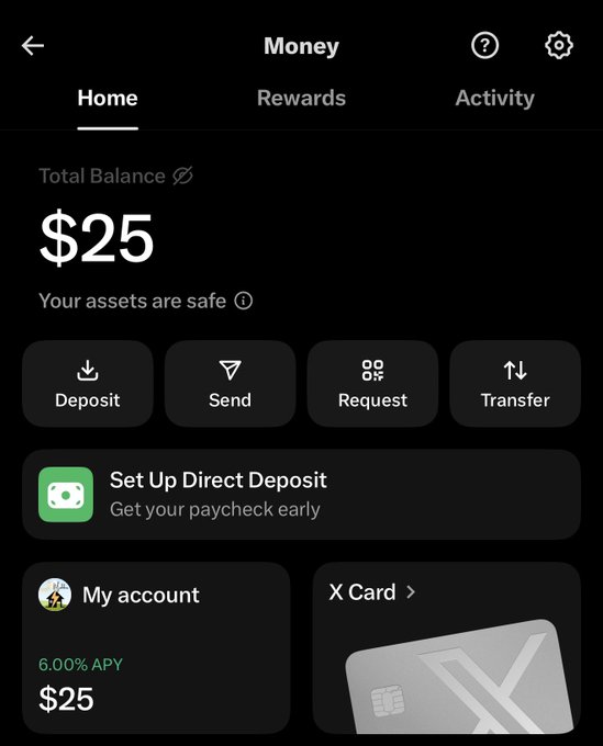 The screenshot shows the X Money app displaying a $25 total balance alongside a 6.00% APY account option. It relates to the post by confirming the user now has access to X Money's features, particularly the attractive 6% interest rate highlighted in the "My account" section.
