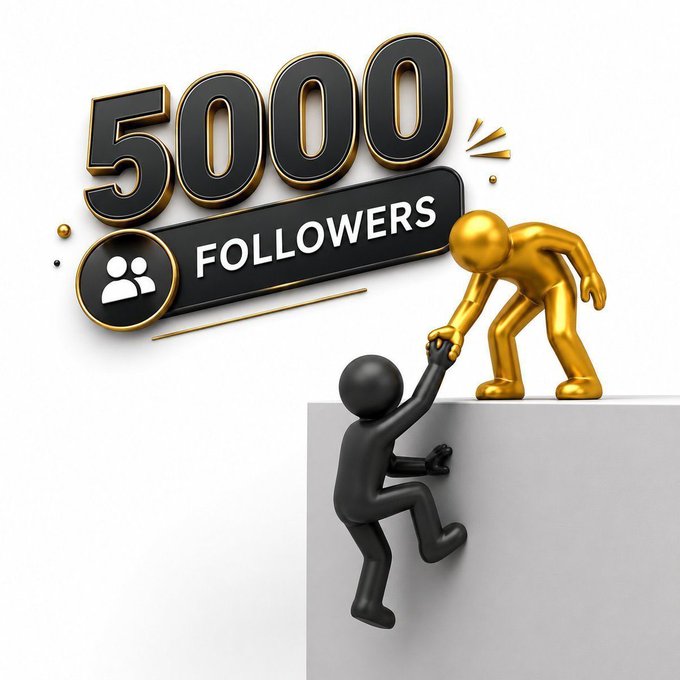 A 3D-rendered graphic celebrating '5000 FOLLOWERS' with a gold figure helping pull a black figure up onto a ledge, alongside a people icon.