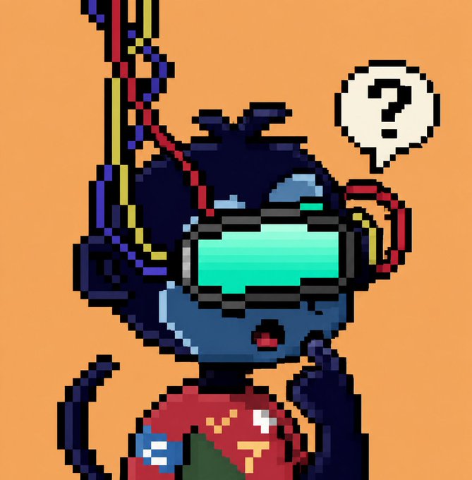 Pixel art illustration of a blue cat-like character wearing a VR headset with a question mark speech bubble above it, holding what appears to be a colorful device, set against an orange background.