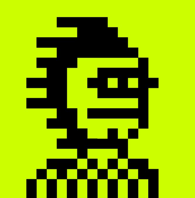 A simple 8-bit style pixel art portrait of a person with sunglasses and spiky hair on a bright yellow-green background.