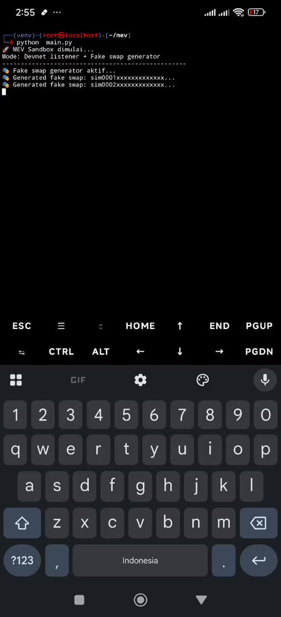 The image shows a cell phone screen displaying a keyboard with various keys including letters, numbers, and symbols. The text on the screen reads "still simulating MEV bot sandwich on devnet if okay proceed to mainnet and real SOL If profitable, will inform immediately". This suggests that someone is trying out or testing the MEV bot application for themselves, possibly as part of a gaming session or an experiment in programming.