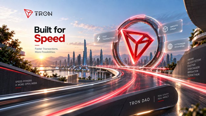 A promotional banner for TRON blockchain featuring the text 'Built for Speed' with a futuristic cityscape, highway light trails, and a large glowing TRON logo highlighting features like fast transactions and smooth DApps.