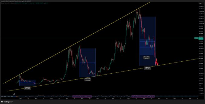 A dark-themed stock chart for Nasdaq 100 E-mini Continuous Contract (CME_MINI:NQ1!) on TradingView displays a rising channel pattern marked with yellow trendlines. Blue highlighted rectangles indicate 'Entry' and 'TP' (Take Profit) zones across the candlestick price action.