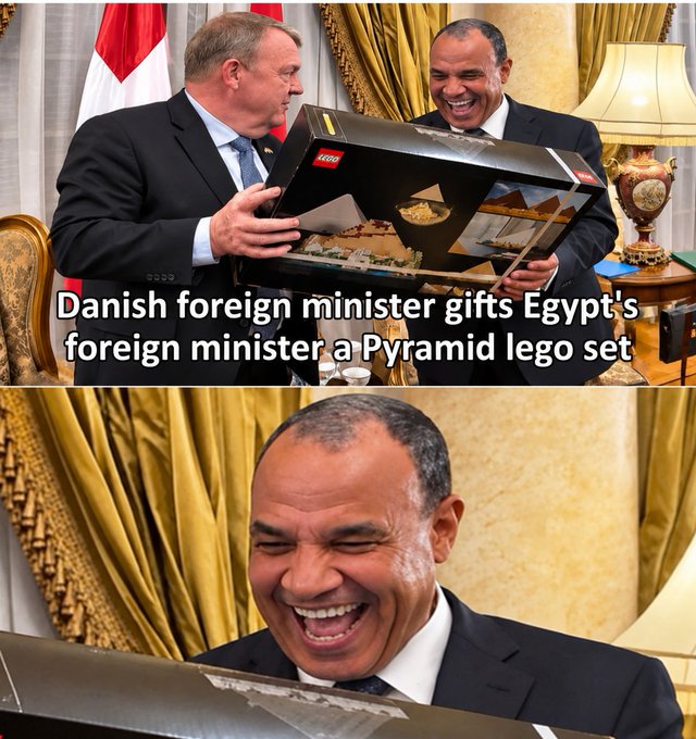Two men in suits share a laugh over a LEGO Architecture Great Pyramid of Giza set, with overlaid text reading 'Danish foreign minister gifts Egypt's foreign minister a Pyramid lego set'. A second panel shows the Egyptian minister laughing heartily.