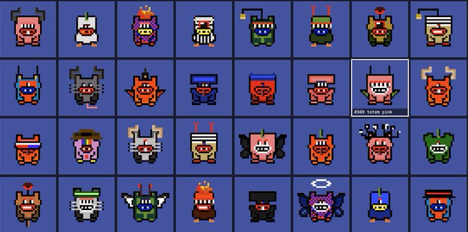 A grid of 28 pixel-art character sprites from the "COMPAS" NFT project, displayed on a blue background, with one sprite highlighted showing "#369 totem pink." The colorful characters — labeled as Exquisites — feature various designs with horns, antennae, and crowns, representing the original "genesis beings" that the COMPAS agents will accompany.