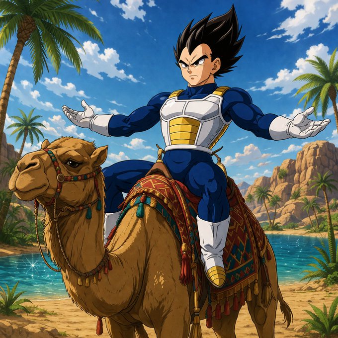 An anime-style character with spiky black hair, wearing blue and white armor with yellow accents, rides a decorated camel in a desert oasis setting with palm trees and rocky cliffs.