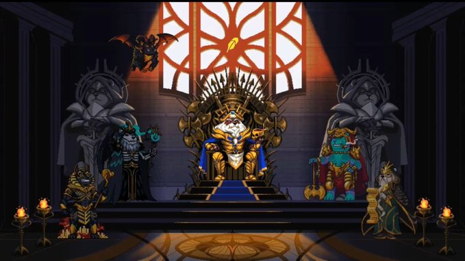 A pixel art fantasy scene depicting a royal throne room with a central ornate throne featuring a crown and skull motif, flanked by two dark statues, with bat-like and dragon-like guardian creatures standing on either side and lit candles in the foreground.