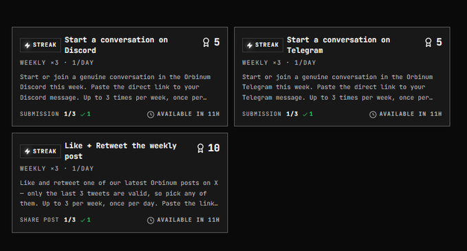 Three dark-themed task cards for Streak: 'Start a conversation on Discord' (5 points), 'Start a conversation on Telegram' (5 points), and 'Like + Retweet the weekly post' (10 points), each with submission progress of 1/3.