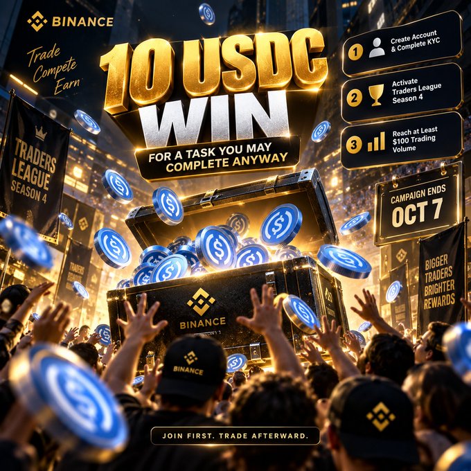 Binance promotional advertisement for Traders League Season 4, offering 10 USDC with tasks including creating an account, completing KYC, and reaching $100 trading volume by October 7.