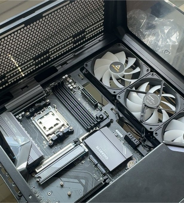 The computer shown is made about ten different electronics including three fans, motherboard, and a processor.