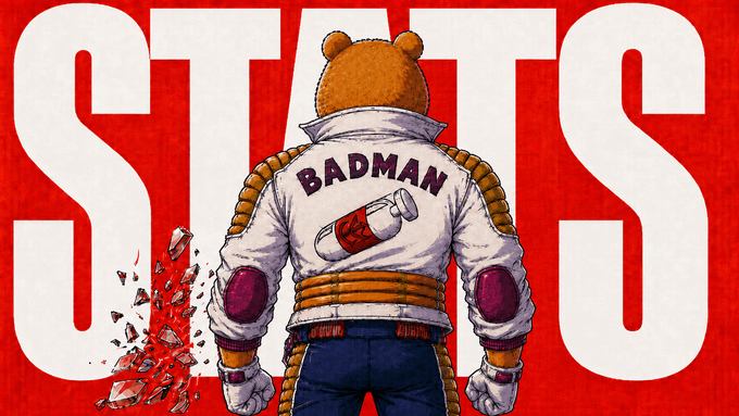 The bottom left corner of the image shows a teddy bear with the word "Badman" written on his back, wearing a jacket and standing next to a wall. Above him, there are three bullet points. The first point talks about statistics related to a TV show, specifically stating that two weeks have passed since H1 2026. The second point mentions another video game console called Hyperion and that the cumulative trading volume for the last 24 hours has been $10.07M TVL or $24.13B in DEX. Lastly, the third bullet point focuses on what is currently happening in the world, specifically talking about a product named "Badman".