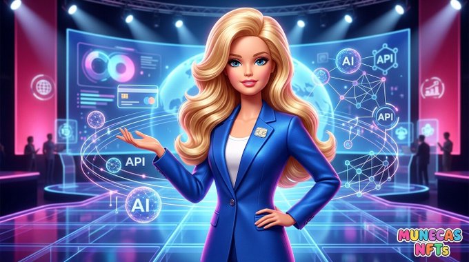 A stylized digital illustration of a blonde woman in a blue blazer surrounded by futuristic AI/API holographic displays, labeled 'MUNECAS NFTs'.