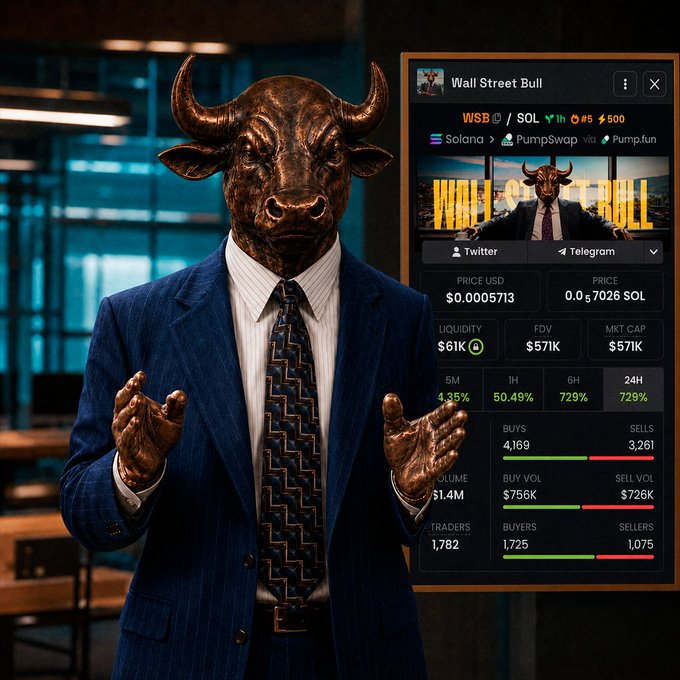 A bronze bull-headed figure in a sharp pinstripe suit stands beside a crypto trading interface displaying the "Wall Street Bull" ($WSB/SOL) token on Solana via PumpSwap, showing a price of $0.0005713, market cap of $571K, and a staggering 729% gain over 24 hours. The image visually embodies the speculative hype around the meme coin, tying into the post's pitch to airdrop 10% of $WSB supply in exchange for users' Solana wallet addresses.
