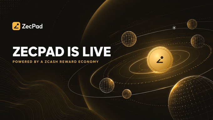 A promotional graphic with golden wireframe planets and a Zcash coin reading 'ZECPAD IS LIVE POWERED BY A ZCASH REWARD ECONOMY' alongside the ZecPad logo.