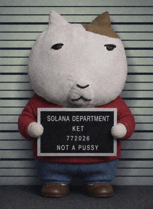 This image shows a mugshot of a stuffed animal labeled "KET" with "SOLANA DEPARTMENT" and "NOT A PUSSY" on a sign, humorously relating to the post about the $KET memecoin.