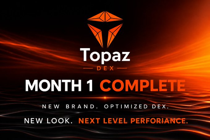 The image features an advertisement for Topaz Dex that showcases a new look of the product. The background of the image is black, with orange lines radiating outwards from the center, creating a sense of movement or energy. The text on the image reads "Month 1 complete" and "New brand. Optimized DEX. Next level performance." This suggests that the advertisement is promoting the completion of Month 1 for Topaz Dex, highlighting the new look and optimized version of the product.