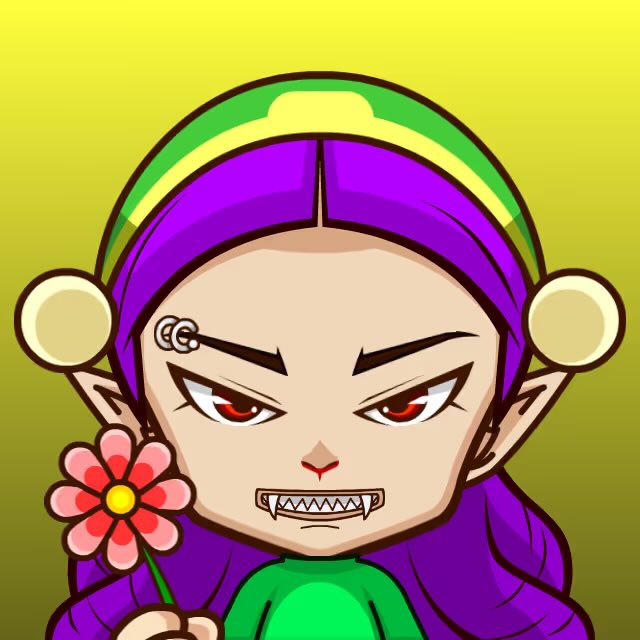 A cartoon illustration of a fierce-looking purple-haired character with fangs, a green headband, and a flower piercing on their cheek, holding a pink flower against a yellow background.